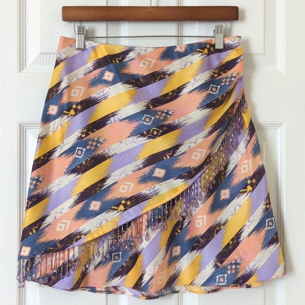 Current Air Beaded Trim Colorful Ikat Striped Satin High Waisted Mini Skirt L